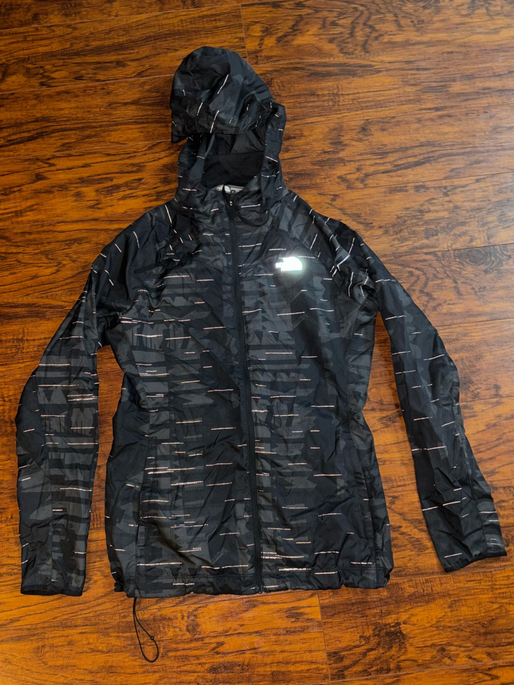 The North Face Reflective Windbreaker Rain Jacket Black Gray Stripe Hooded Coat